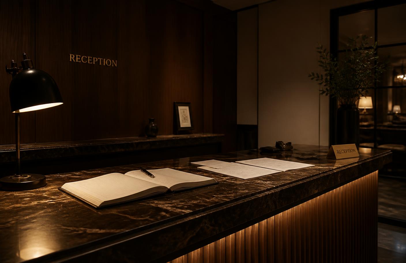 Balcão de recepção de hotel com livro de registros durante a auditoria noturna